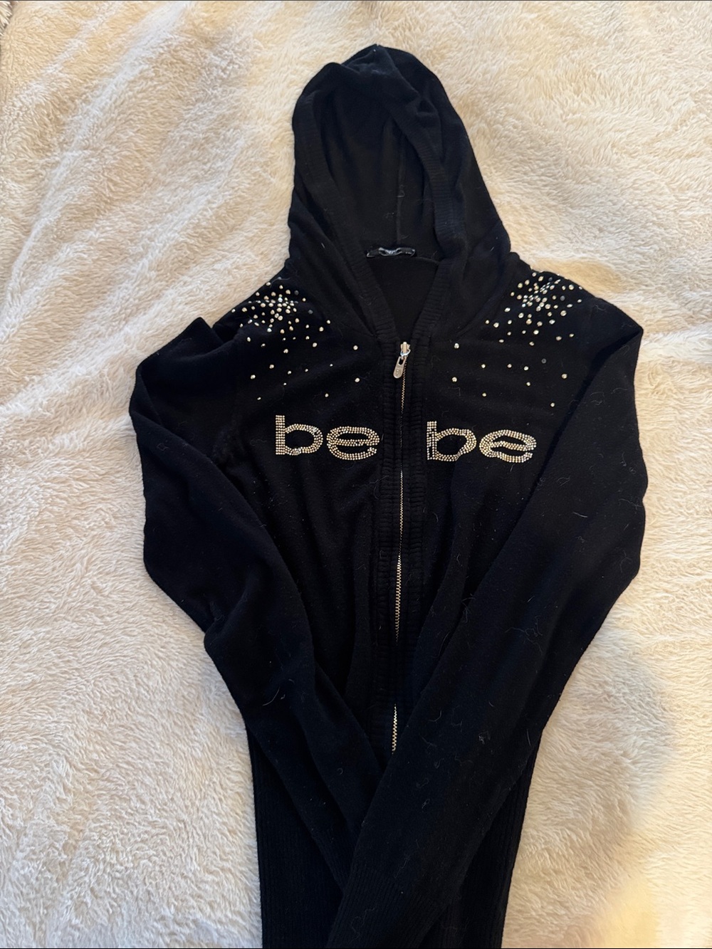 bebe Black Rhinestone Logo Hooded Zip Cardigan